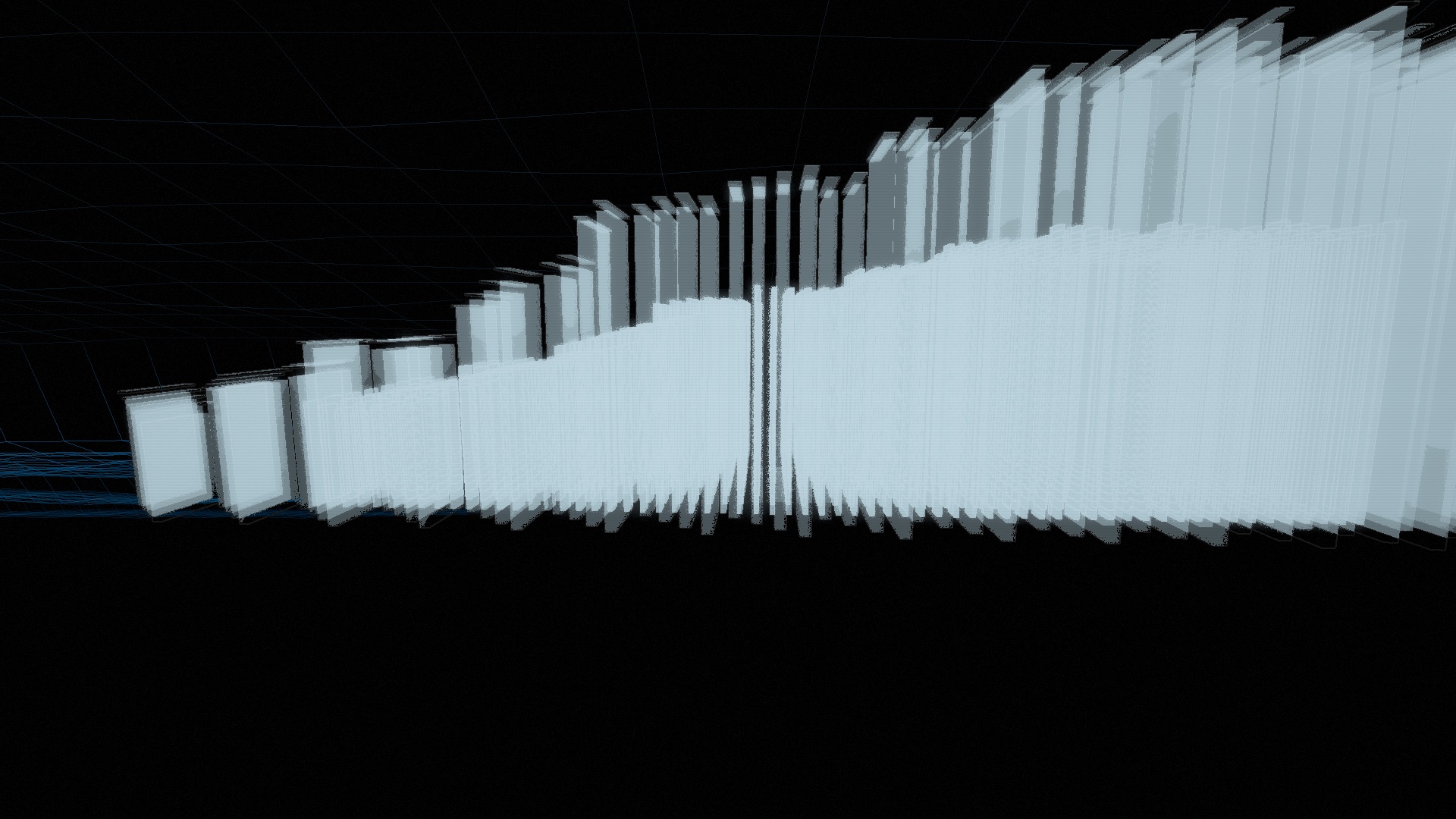 The current SpectrumMegastructure, a 3D perspective wall of white spectrum bars over a wireframe ground