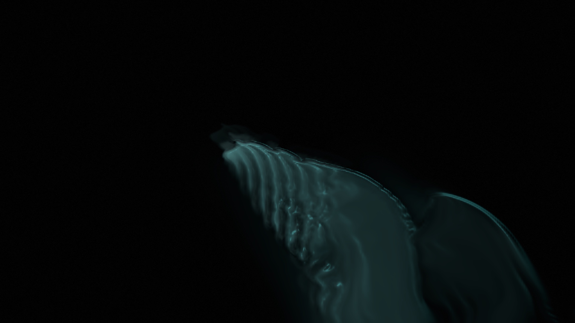 An early PlasmaClouds drop, almost entirely black with one dim teal plume in a corner