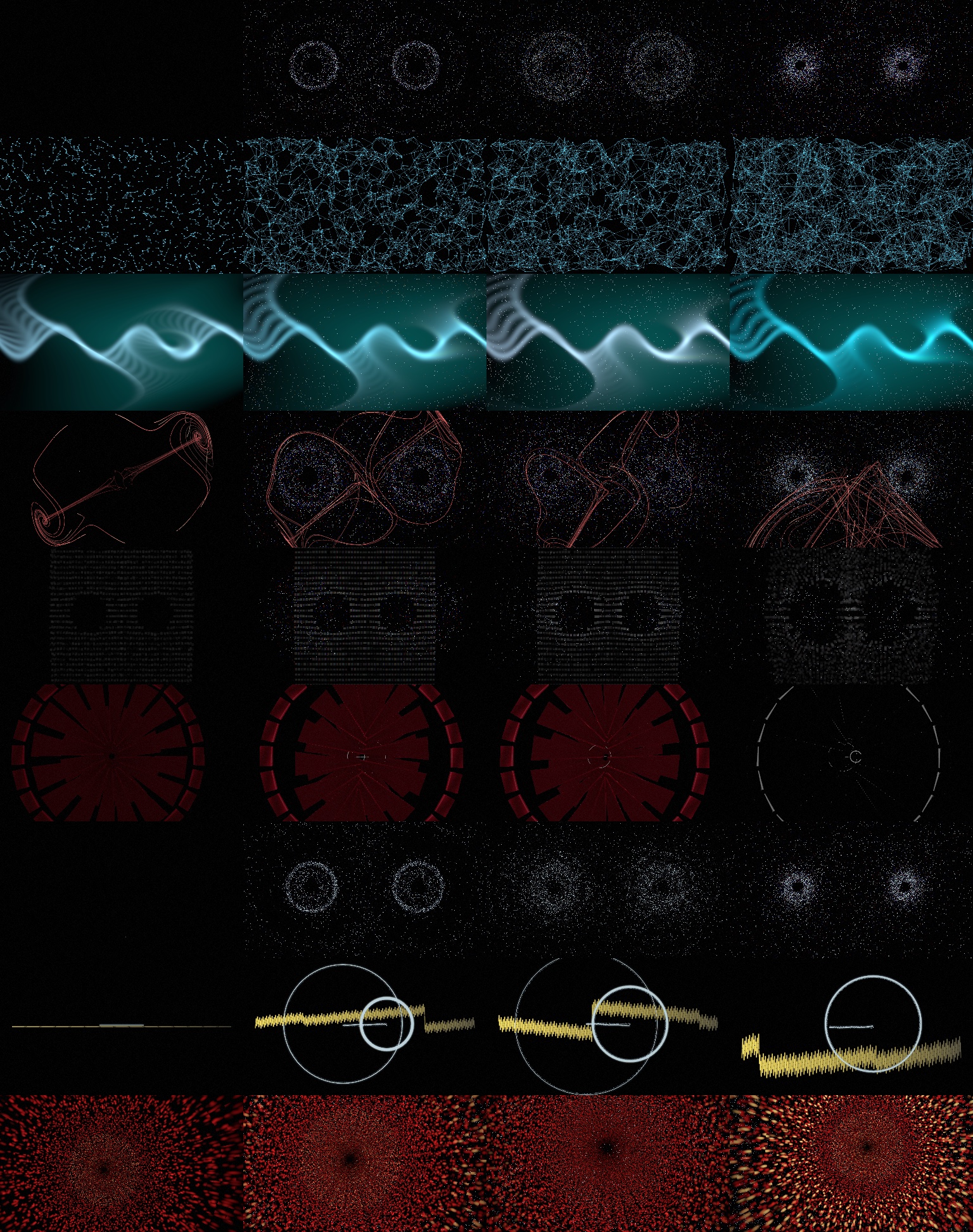 After: the same roster grid now filled with particle clouds, meshes and distinct palettes, reacting across the four audio states