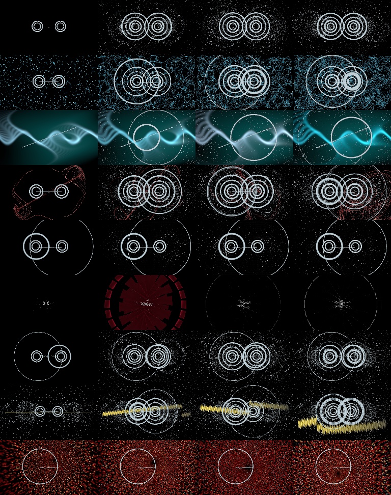 Before: the whole roster as bare white concentric rings and skeletal outlines, nearly every cell the same