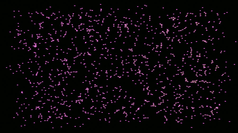 NeuralCathedral at silence, hundreds of disconnected point-pairs scattered on black, no links, no glow