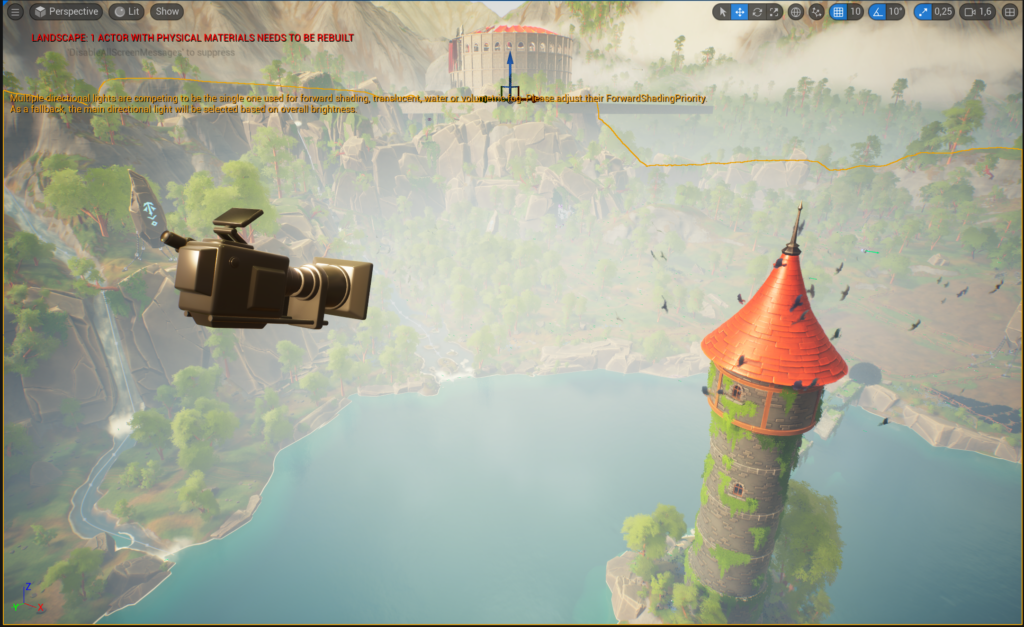 Camera over the landscape with birds and the arena