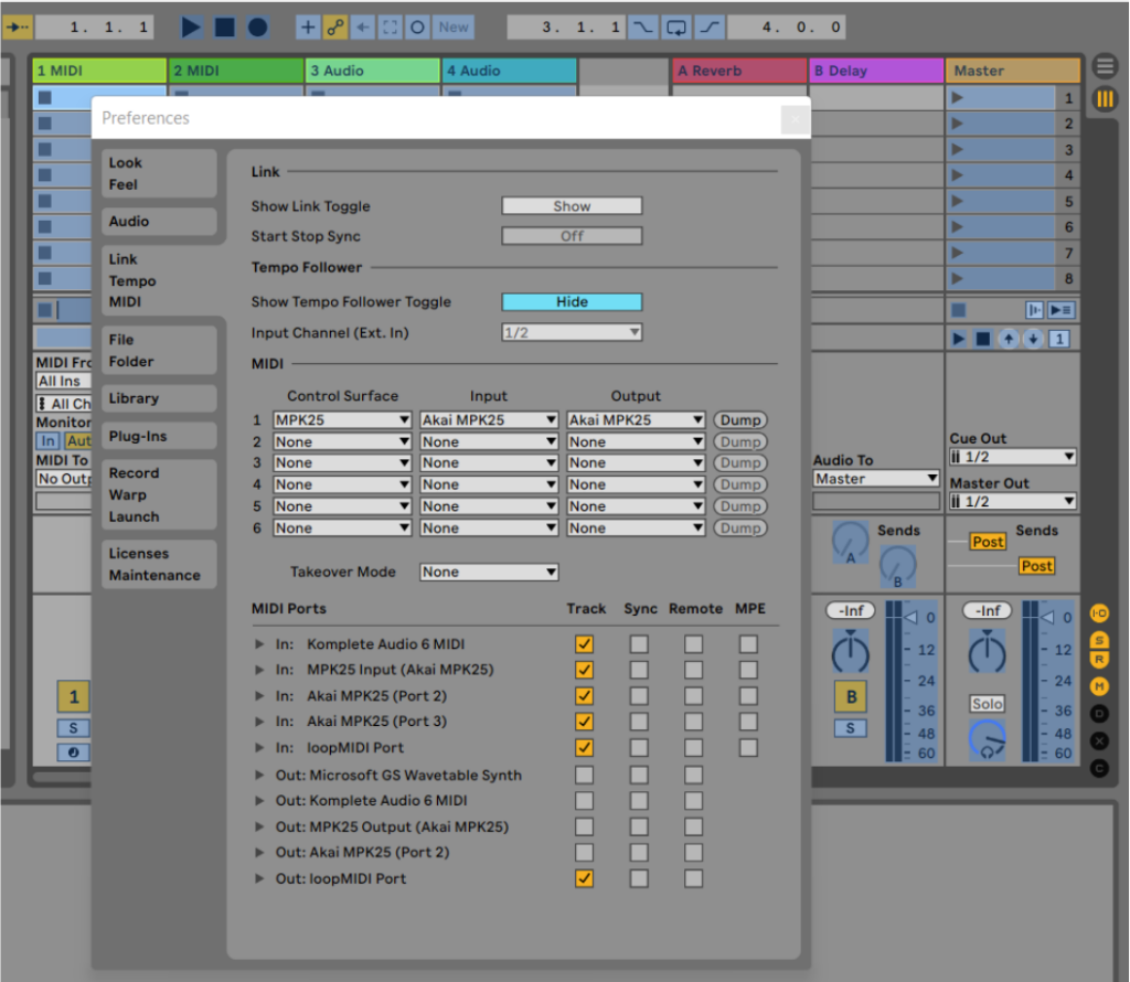 Ableton MIDI channels: drum pads on channel 2, keyboard and knobs on channel 1